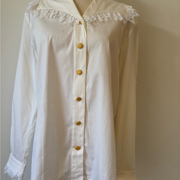 Escada Ivory Lace Trim Blouse with Gold Buttons
